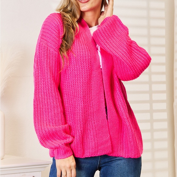 NEW Woven Right Hot Pink Ribbed Knit Open Front Drop Shoulder Cardigan Sweater - Picture 8 of 12